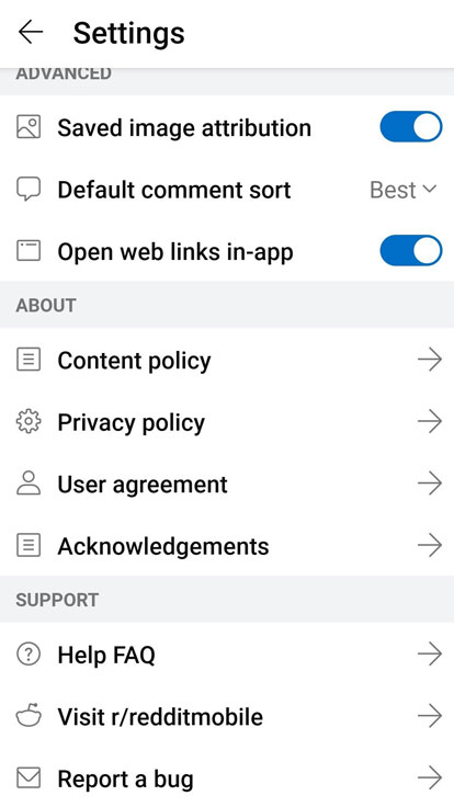 Reddit - Settings Options Phone