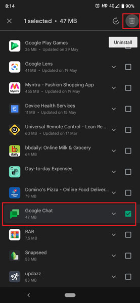 Select the app you want to delete from the app list under Manage tab