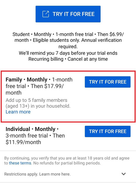 Family Plan Free Trial Android