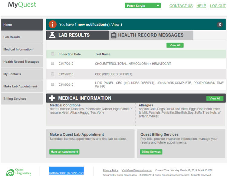 Allowing patients to view lab results and messages in MyQuest’s patient portal