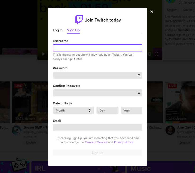 Twitch Sign Up Form