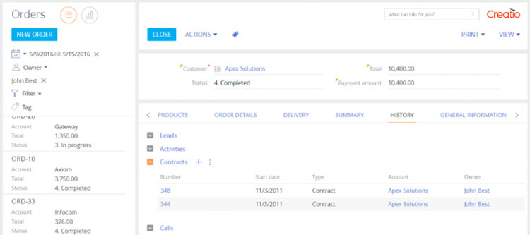 Tracking order history and communications in Creatio