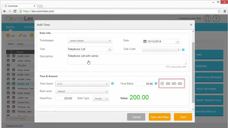 Recording time and expense details with CosmoLex