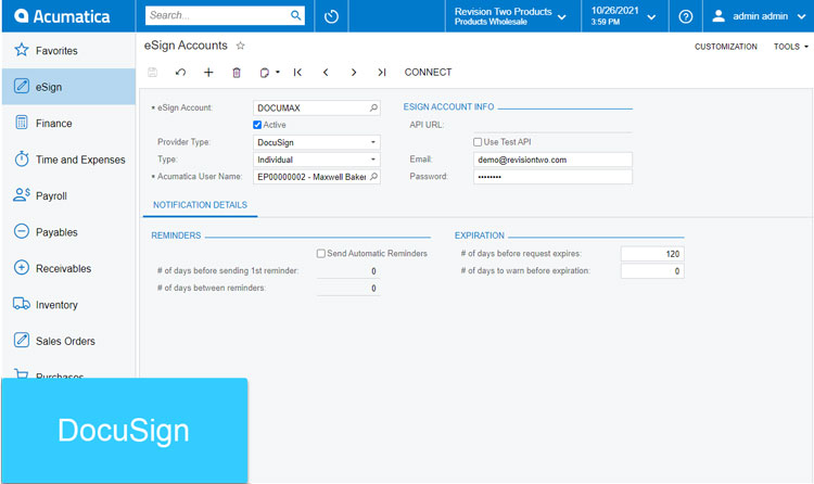 Acumatica eSign Module Interface