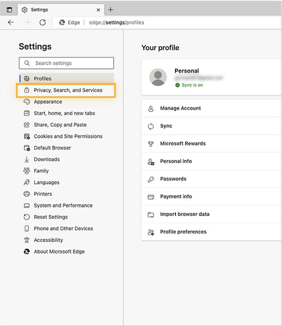 Privacy, Search and Services Settings in Edge