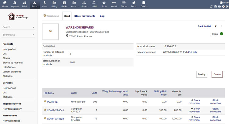 Stock Management across warehouses with Dolibarr