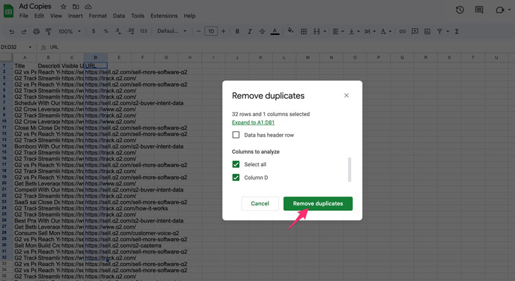 Google Sheets Remove Duplicates Message Box