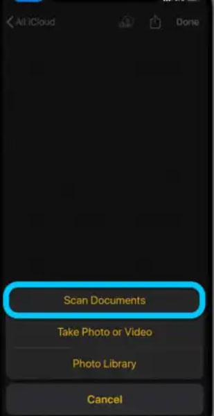 Scan Documents Option in iPhone Notes App