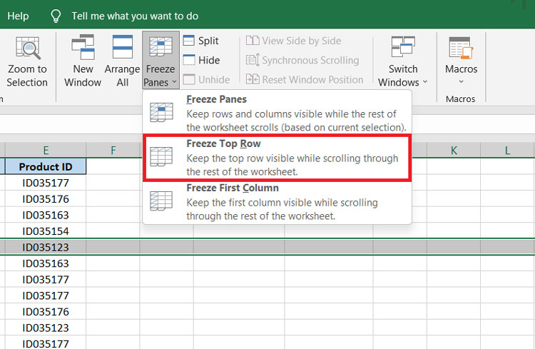 Selecting Freeze Top Row from Excel Freeze Pane Drop-Down Menu