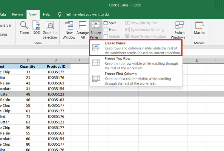 Excel Freeze Pane Drop-Down Menu