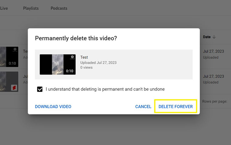 YouTube Video Delete Confirmation