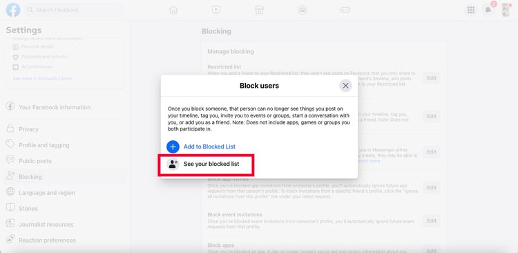 See your Facebook blocked list