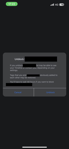 Confirm Unblock in Facebook Mobile App