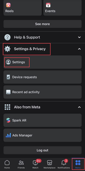 Select Settings and Privacy on Mobile Facebook App