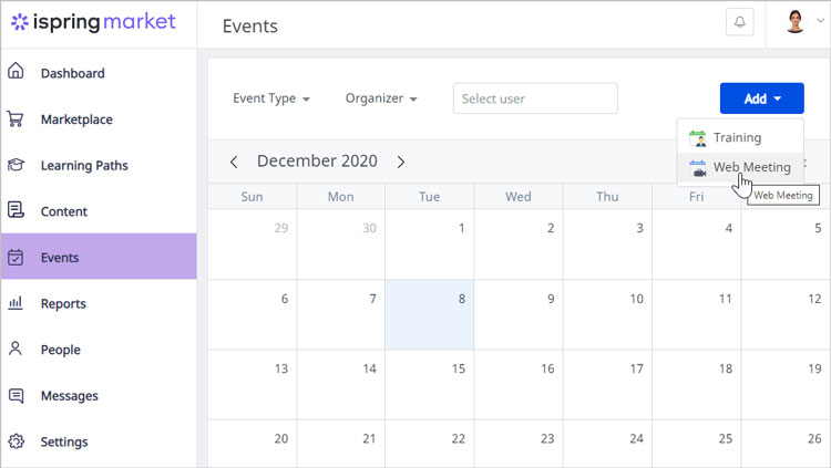 iSpring virtual calendar and meeting scheduling