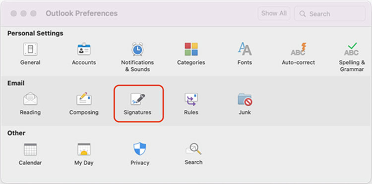 Outlook Preferences Signature Option in macOS