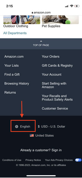 Language Settings in Amazon Mobile Website