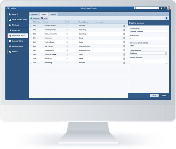 Products Management in Pipeliner CRM