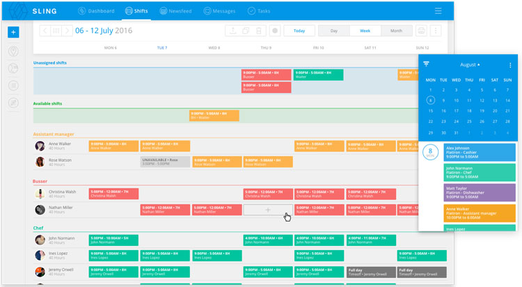 Shift scheduling dashboard displaying weekly shifts with color-coded roles, unassigned, and available shifts in Sling