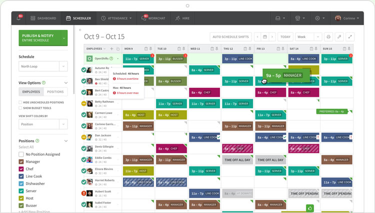 Weekly employee shift calendar with color-coded roles in When I Work