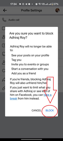 Facebook Mobile Profile Block Confirmation Message