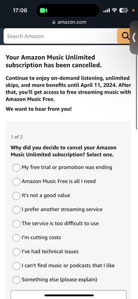 Amazon Music Subscription Cancellation Success Message and Survey