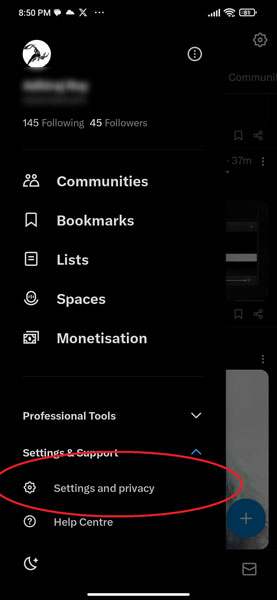 Settings and Privacy Option in X App on Android