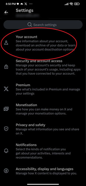 Your Account Option in X App on Android