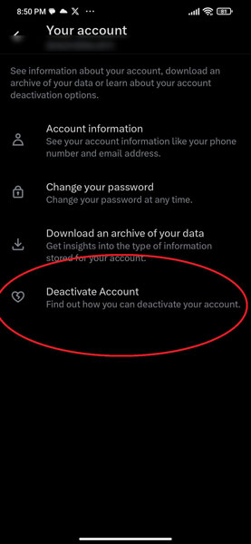 Deactivate Account Account Option in X App on Android