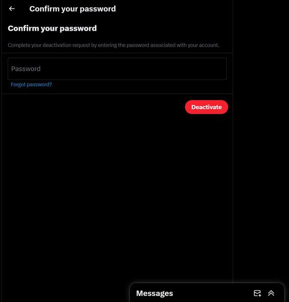 Enter Password for Deactivation of X Account