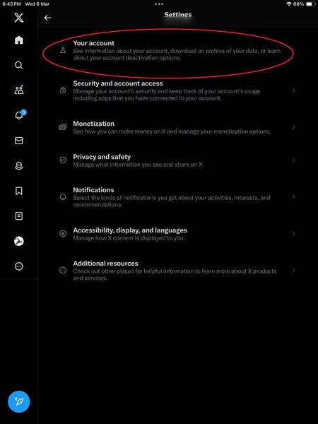 Your Account Option in X App on iOS
