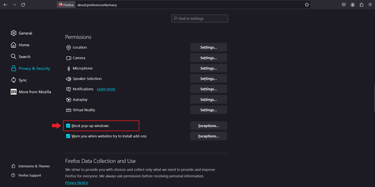 Firefox Block pop-up Windows Checkbox
