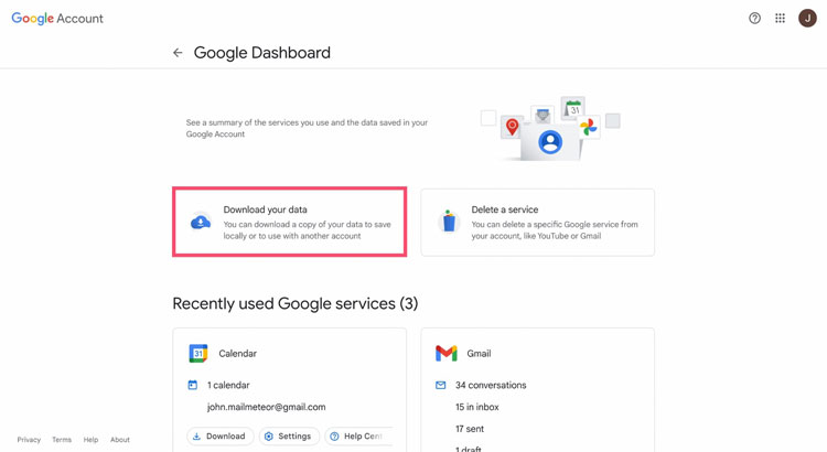 Download Your Data Option on Google Dashboard