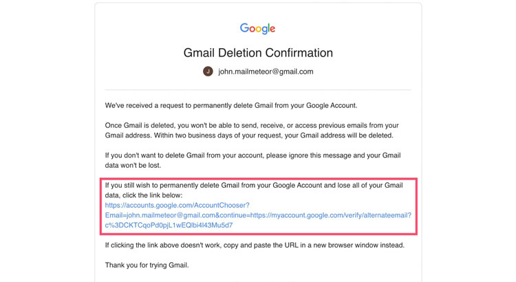 Gmail Deletion Confirmation Link