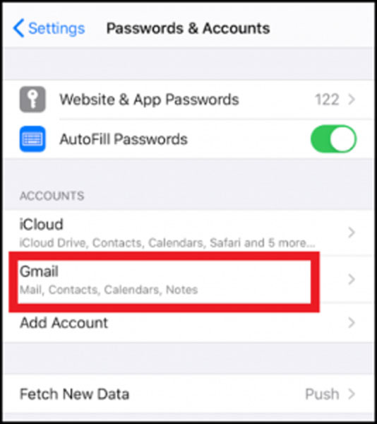 Select Gmail from Accounts List in iPhone