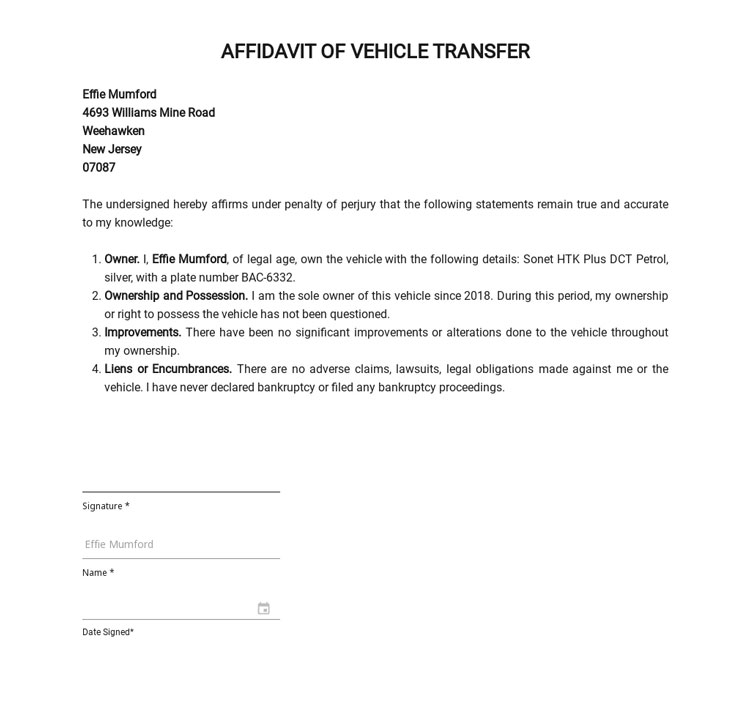 Affidavit of Vehicle Transfer