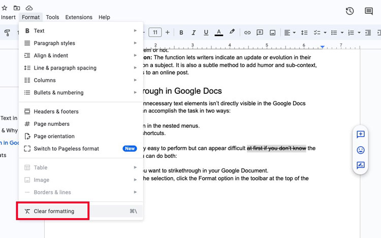 Clear Formatting Option Under Format Tab in Google Doc