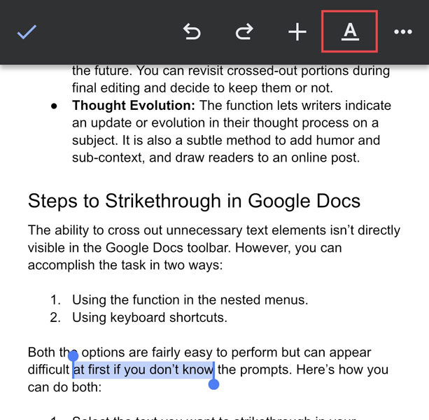 Select Text in Google Doc App