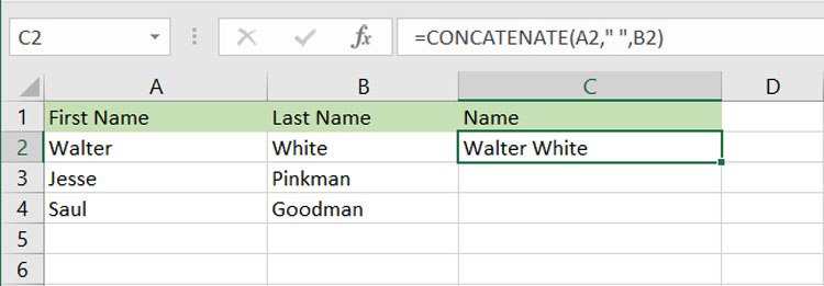 CONCATENATE Formula Result in MS Excel