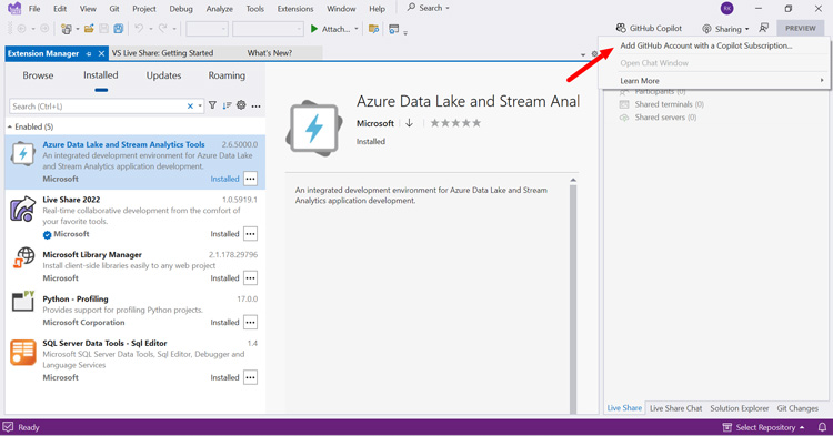 Visual Studio Extension Manger with Add GitHub Account with Copilot Subscription Marked