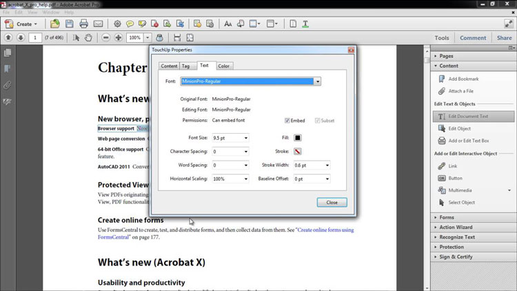 Adobe Acrobat TouchUp Properties Dialog box