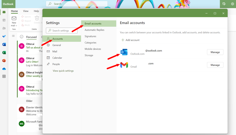 Outlook settings showing linked Outlook and Gmail accounts