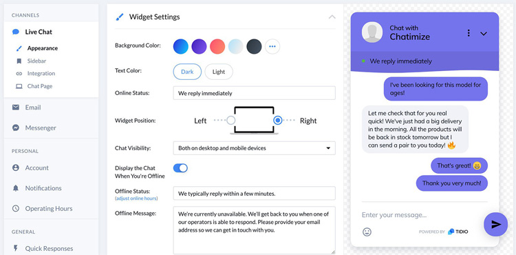 Tidio Chatbot Widget Customization and Settings