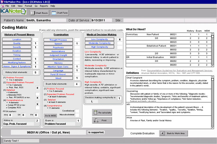 ICANotes coding matrix for patient evaluation and medical decision-making