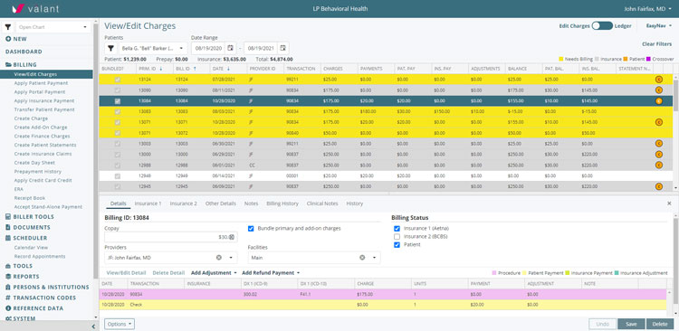 Valant billing dashboard showing patient charges, payments, and adjustments