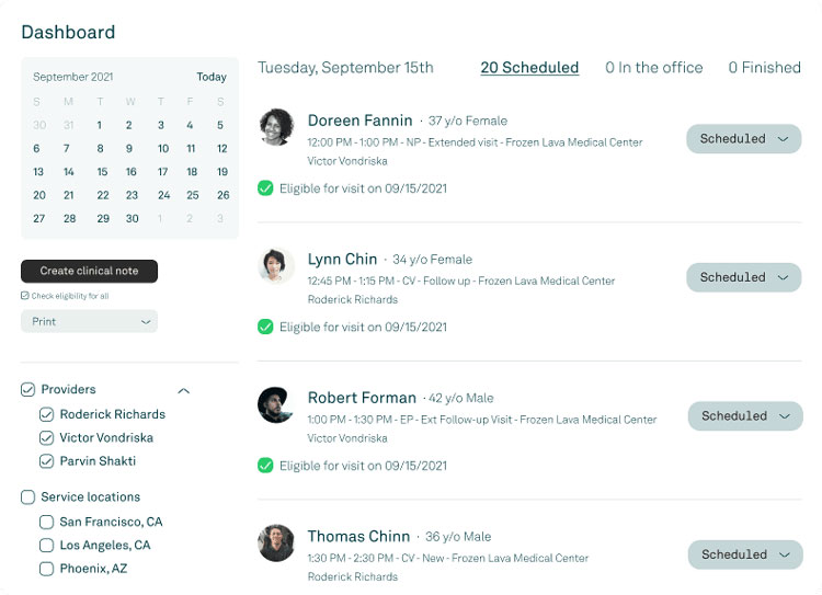 Mental Health Software Dashboard showing scheduled patient visits and provider details