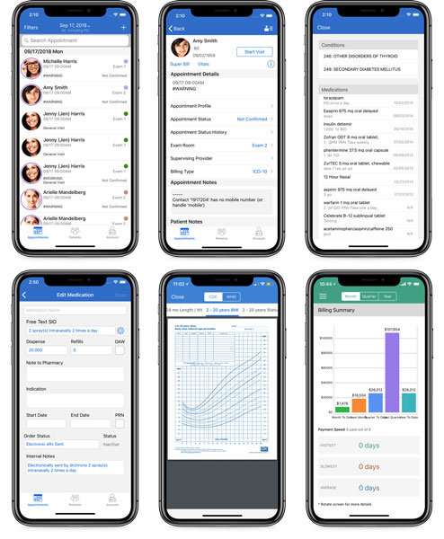 Mental Health mobile app screens displaying patient data, appointments, and billing info