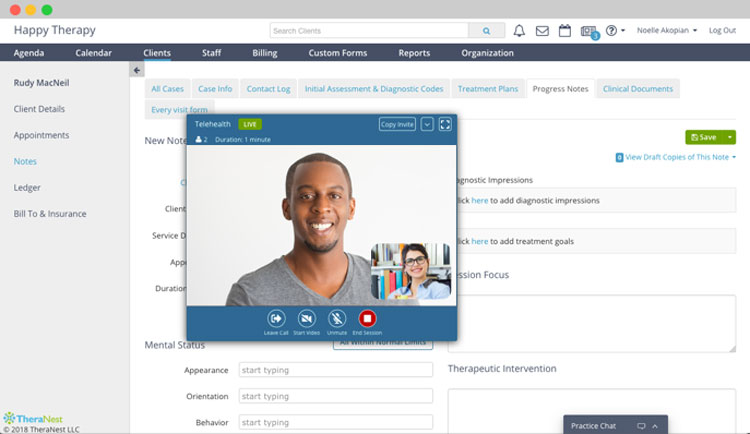 Therapy session dashboard with live telehealth video call and client notes in Happy Therapy