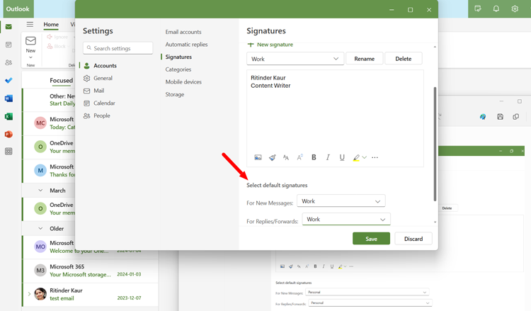 Outlook settings showing signature customization options