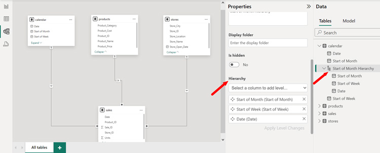 Power BI interface showing table relationships and hierarchy settings